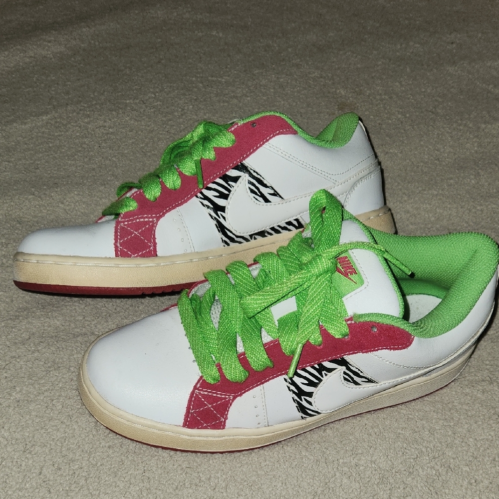 Nike Skater Sneakers with Pink Trim, Neon Green Laces & Blk/wht Zebra Print